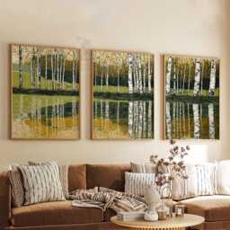 Birch Tree Forest Wall Art Set Of 3 - Autumn Landscape Prints Golden Lake Reflection Nature Decor Modern Woodland Artwork - thumbnail 3
