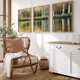 Birch Tree Forest Wall Art Set Of 3 - Autumn Landscape Prints Golden Lake Reflection Nature Decor Modern Woodland Artwork - thumbnail 2