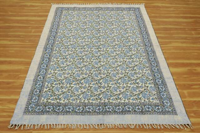 Green Floral Print Rug Yellow Block Printed Living Room Cotton Flatweave Hallway Stair Runner 2x20 3x15 8x10 Feet Blue Woven - image 1