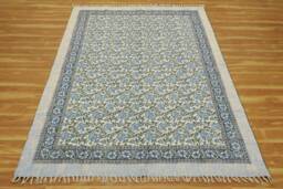 Blue Floral Cotton Rug, Hand Block Printed Flatweave