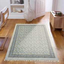 Green Floral Print Rug Yellow Block Printed Living Room Cotton Flatweave Hallway Stair Runner 2x20 3x15 8x10 Feet Blue Woven - thumbnail 2