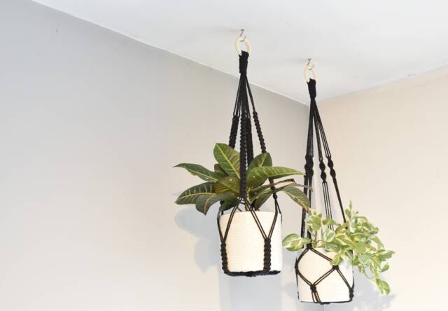 Macrame Plant Hanger No Tassel Indoor, Black Hanging Planter, Indoor Wall Hanging, Lover Gift - image 1