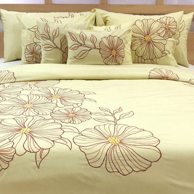 King, Queen & Twin Size Yellow Decorative Duvet Cover Set, Cotton Embroidery, Nature Floral Mediterranean - Garden - image 1