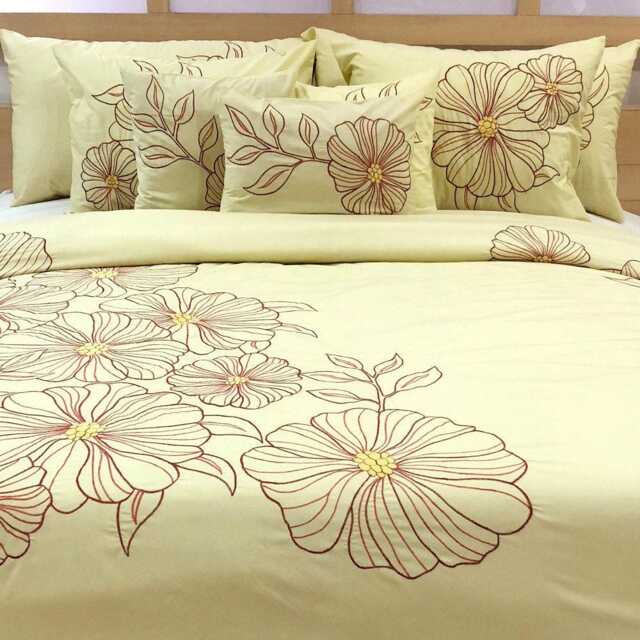 King, Queen & Twin Size Yellow Decorative Duvet Cover Set, Cotton Embroidery, Nature Floral Mediterranean - Garden - image 1