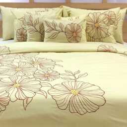 King, Queen & Twin Size Yellow Decorative Duvet Cover Set, Cotton Embroidery, Nature Floral Mediterranean - Garden