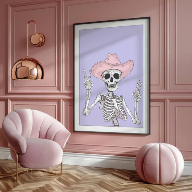 Cute Cowboy Skeleton Print Halloween Pastel Wall Art Autumn Decor Purple Lilac Poster Pink 2752 - image 1