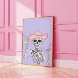 Cute Cowboy Skeleton Print Halloween Pastel Wall Art Autumn Decor Purple Lilac Poster Pink 2752 - thumbnail 3