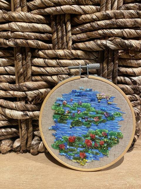 Embroidery Aesthetic Wall Art Monet Water Lilies Nympheas, Embroidered Hoop Landscape Flowers, Textile Room Decor - image 1