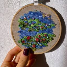 Embroidery Aesthetic Wall Art Monet Water Lilies Nympheas, Embroidered Hoop Landscape Flowers, Textile Room Decor - thumbnail 3
