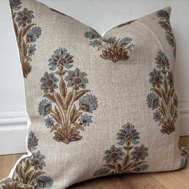Authentic Boho Floral Indian Hand Block Stamped Linen Print Pillow Cover Blue Gold Amber Brown Natural Multiple Sizes Scandinavian - image 1