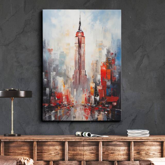Empire State Building New York City Abstract Oil Painting Style Wall Art, Framed Canvas Poster Print, Home Kitchen Office Room Decor, Gifts - image 1
