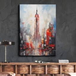 Empire State Building New York City Abstract Oil Painting Style Wall Art, Framed Canvas Poster Print, Home Kitchen Office Room Decor, Gifts - thumbnail 1