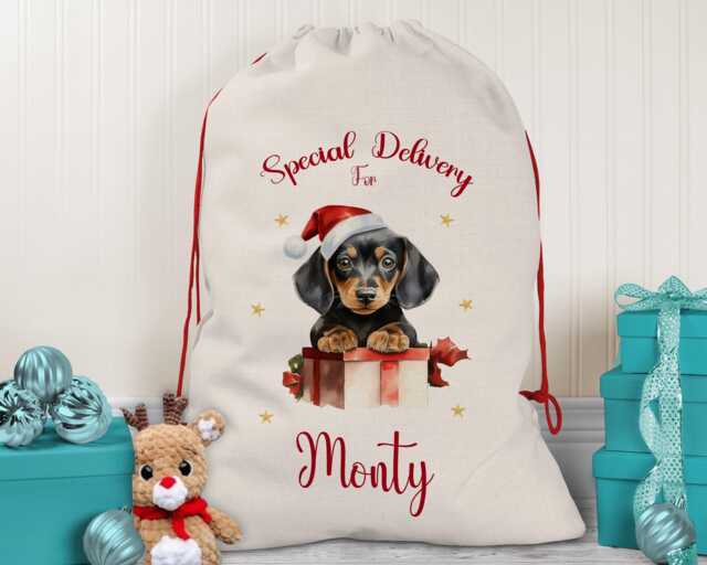 Personalised Dachshund Large Christmas Sack - Red Drawstring Bag For Xmas Presents Eve Box Decoration Dogs Xs092 - image 1
