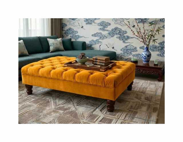Chesterfield Plush Velvet Footstool - Mahogany Wooden Footrest, Coffee Table For Living Room Bed - image 1
