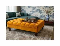 Chesterfield Plush Velvet Footstool - Mahogany Wooden Footrest, Coffee Table For Living Room Bed - thumbnail 1
