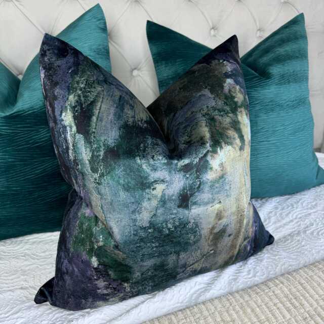 Abstract Cushion Cover For Sofa Bed Or Throw. Navy Teal Green Velvet Touch Designer Fabric Tufi Lagoon - High Quality Handmade - image 1