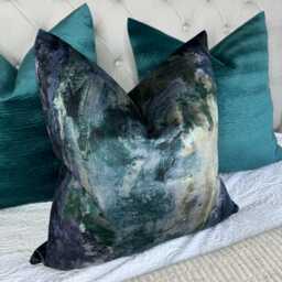 Abstract Cushion Cover For Sofa Bed Or Throw. Navy Teal Green Velvet Touch Designer Fabric Tufi Lagoon - High Quality Handmade