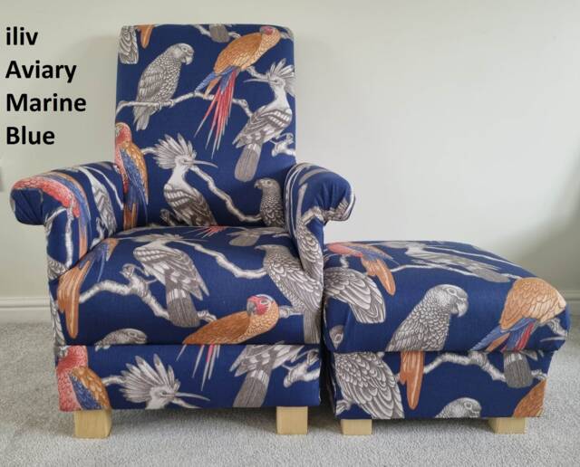 Handcrafted Aviary Birds Adult Armchair & Footstool Accent Chair Nursery Blue Pink Green Parrots Velvet Safari Monkeys Nursing - image 1