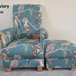 Handcrafted Aviary Birds Adult Armchair & Footstool Accent Chair Nursery Blue Pink Green Parrots Velvet Safari Monkeys Nursing - thumbnail 3