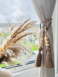 Macram?? Cotton Tassel Curtain Tieback - Wooden Bead Braided Holdback Minimalist Home D??cor Bohemian Style Window Treatment - thumbnail 1