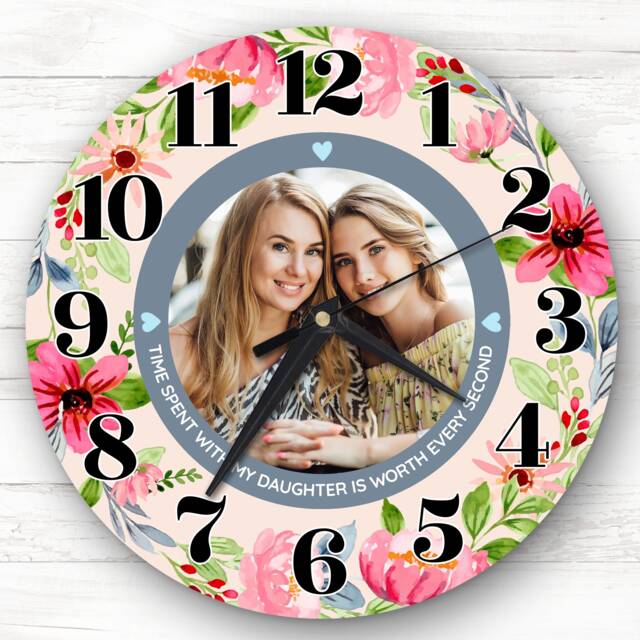 Daughter Bright Pink Flower Photo Personalised Gift Clock - image 1