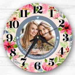Daughter Bright Pink Flower Photo Personalised Gift Clock