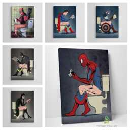 Funny Superheroes in Bathroom Toilet Canvas Art Wall Print Picture Fashion Framed Home Decor - thumbnail 1