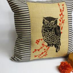 Owl Throw Pillow Black Block Print, Rustic Burlap Cushion - thumbnail 2