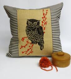 Owl Throw Pillow Black Block Print, Rustic Burlap Cushion