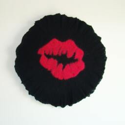 Felted Kiss Fiber Art Red & Black Wool Wall Hanging Or Round Table Decor