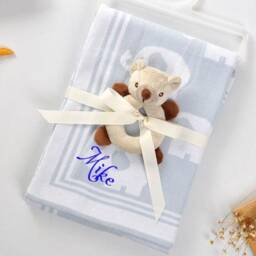 Personalized Baby Blanket Cotton Blanket - Blue Hearts Custom Monogram /Name Embroidered Gift Shower /Infant Warm Blanket Cozy - thumbnail 2