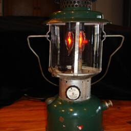 Camping - Unique Rustic Table Lamp With Flickering Vintage Style Edison Bulbs in An Actual Working Coleman Lantern, Steampunk - thumbnail 2