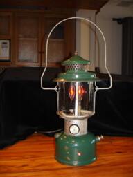Camping - Unique Rustic Table Lamp With Flickering Vintage Style Edison Bulbs in An Actual Working Coleman Lantern, Steampunk
