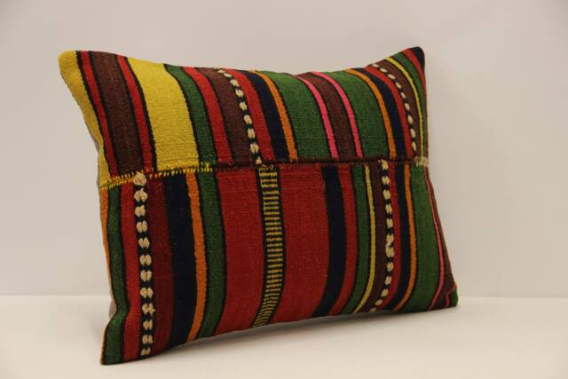 Vintage Kilim Lumbar Pillow Cover, Wool Boho Cushion - 14x20 In - image 1