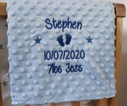 Personalised Baby Blanket Luxury Bubble Style Blue Round Font Name Date Weight Print - thumbnail 1