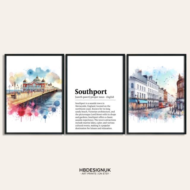 Southport Print Set - Of 3 Posters - Watercolour Merseyside Wall Hanging Artwork Art Travel Decor - image 1