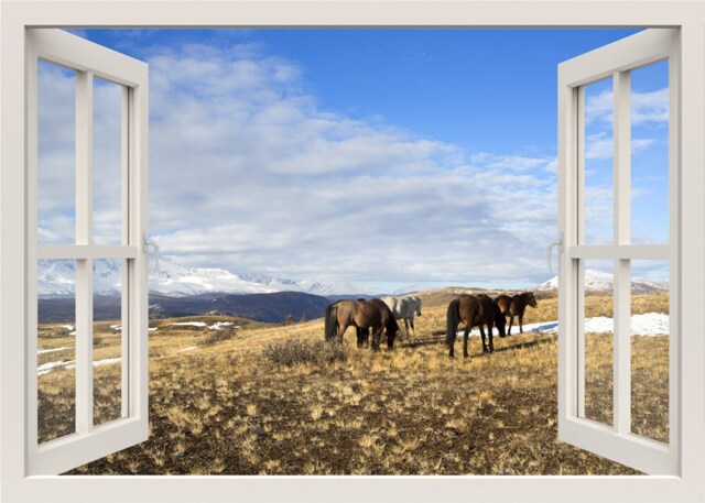 Horses Wall Decal, Sticker, On Mountains Field View Window Frame Decor Mural