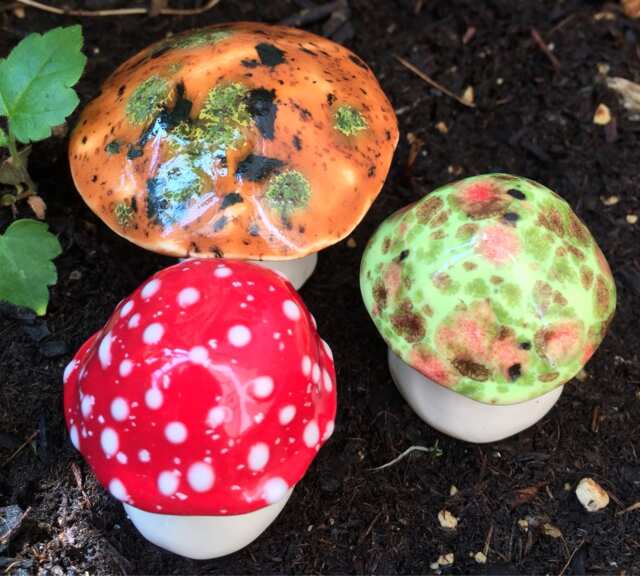 Fairy Mushrooms -Fabulous Fungi Three Hand Crafted Ceramic Toadstools - T203 Garden Statue, Gnome Mushroom, Aquarium Decoration - image 1