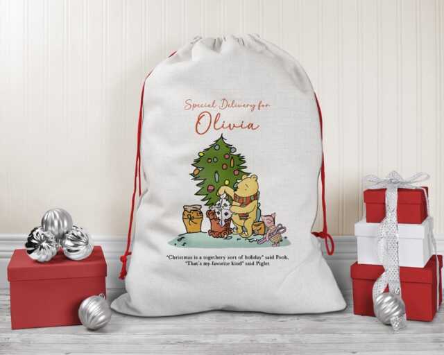 Personalised Winnie The Pooh Christmas Stocking, Small Gift Sack, 40 X30 cm Linen Style Stocking - image 1