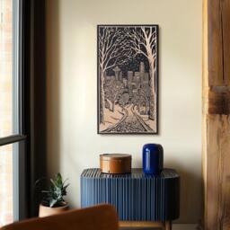 Winter in Seattle Engraved Birch Wood Panel - Block Print Inspired Washington State Wall Art, Illustration Print, Linocut Style Art Gift - thumbnail 1