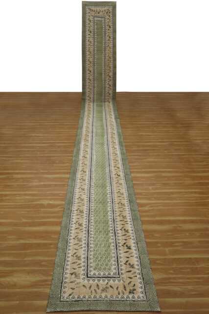 Handwoven Cotton Runner Rug Green Beige Block Print Hallway Stairs Carpet - image 1