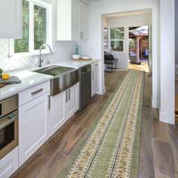 Handwoven Cotton Runner Rug Green Beige Block Print Hallway Stairs Carpet - thumbnail 2