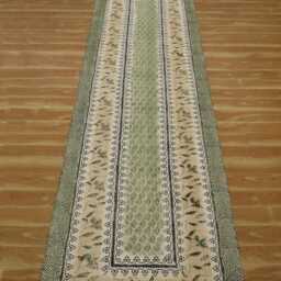 Handwoven Cotton Runner Rug Green Beige Block Print Hallway Stairs Carpet - thumbnail 3
