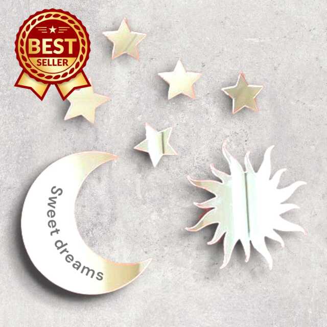 Acrylic Moon, Sun & Stars Mirror Wall Art Personalized Engraving Available - image 1