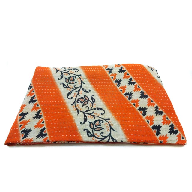 Handmade Kantha Quilt Floral Indian Cotton Twin Bedspread - image 1