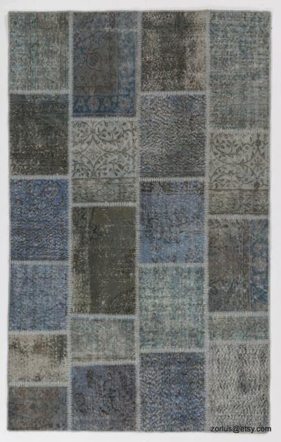 Handmade Turkish Patchwork Rug Blue & Gray Wool, Cotton Twill - image 1