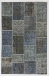 Handmade Turkish Patchwork Rug Blue & Gray Wool, Cotton Twill - thumbnail 1