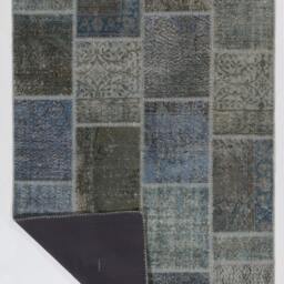 Handmade Turkish Patchwork Rug Blue & Gray Wool, Cotton Twill - thumbnail 2