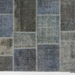 Handmade Turkish Patchwork Rug Blue & Gray Wool, Cotton Twill - thumbnail 3