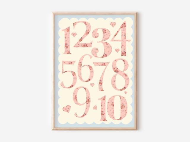 Pretty Pink & Blue Ditsy Flower Number Print. Perfect For Girls Rooms, Playrooms Nurseries - Print Only - image 1